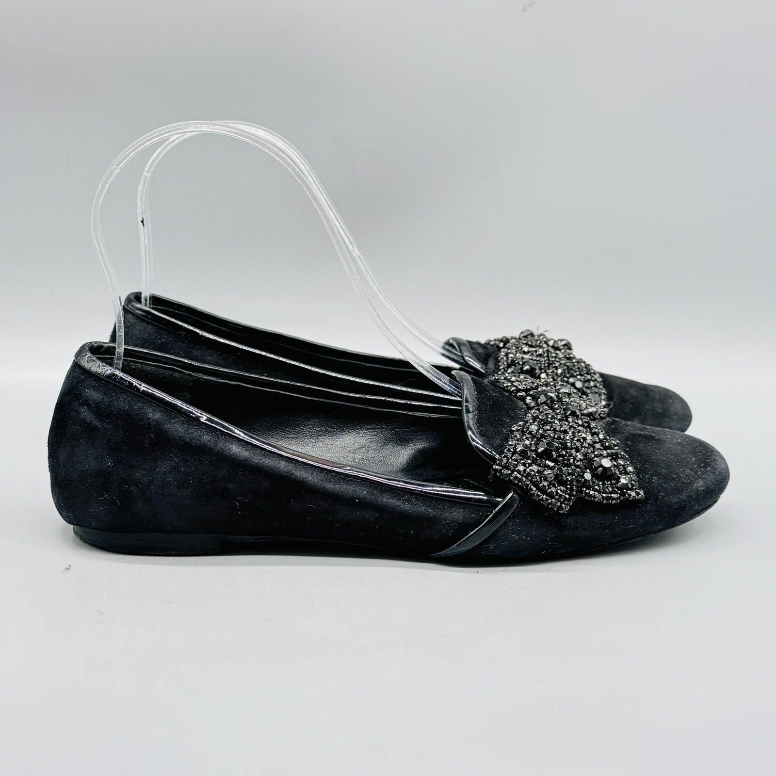 Tory Burch Shoes Womens 5.5 Black Suede Carissa Ballet Flats Beaded Bow Slip On